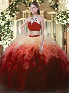 Spectacular Multi-color Two Pieces Tulle High-neck Sleeveless Beading and Ruffles Floor Length Backless Quince Ball Gowns