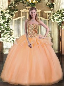  Peach Tulle Lace Up Sweetheart Sleeveless Floor Length Ball Gown Prom Dress Beading and Ruffles
