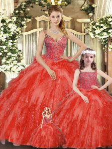 Excellent Red Lace Up Straps Beading and Ruffles Sweet 16 Dresses Organza Sleeveless