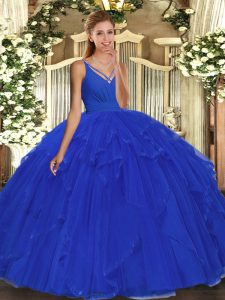  Sleeveless Floor Length Beading and Ruffles Backless Sweet 16 Dresses with Blue