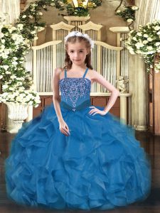  Floor Length Blue Kids Pageant Dress Straps Sleeveless Lace Up