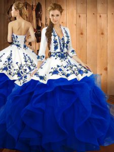  Floor Length Lace Up Sweet 16 Dress Blue for Military Ball and Sweet 16 and Quinceanera with Embroidery and Ruffles