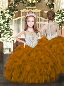 Brown Organza Zipper Scoop Sleeveless Floor Length Little Girl Pageant Dress Beading