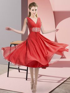 Beauteous Knee Length Side Zipper Damas Dress Coral Red for Prom and Party and Wedding Party with Beading