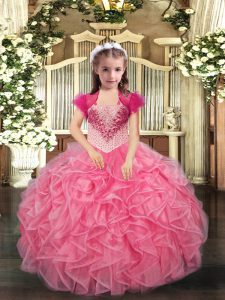 Cute Coral Red Ball Gowns Straps Sleeveless Organza Floor Length Lace Up Beading and Ruffles Kids Formal Wear