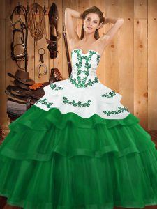  Green Sleeveless Tulle Sweep Train Lace Up Sweet 16 Dress for Military Ball and Sweet 16 and Quinceanera