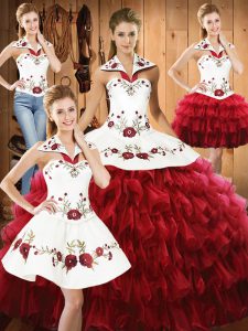 Customized Sleeveless Floor Length Embroidery and Ruffled Layers Lace Up Vestidos de Quinceanera with Wine Red