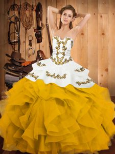  Yellow And White Strapless Neckline Embroidery and Ruffles Quinceanera Dresses Sleeveless Lace Up