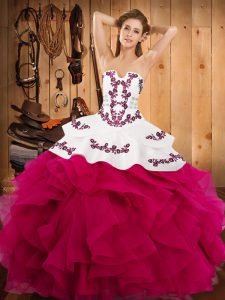 Stylish Hot Pink Sleeveless Floor Length Embroidery and Ruffles Lace Up Sweet 16 Dress
