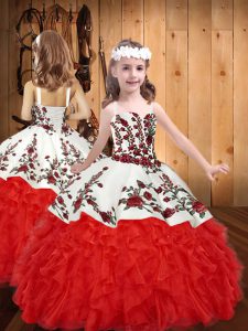 Latest Straps Sleeveless Lace Up Child Pageant Dress Red Organza