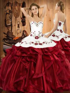 Glittering Sleeveless Organza Floor Length Lace Up 15 Quinceanera Dress in Wine Red with Embroidery and Ruffles