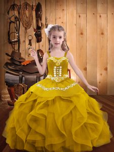 New Arrival Gold Lace Up Little Girls Pageant Dress Embroidery and Ruffles Sleeveless Floor Length