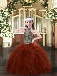  Beading and Ruffles Little Girls Pageant Dress Wholesale Rust Red Lace Up Sleeveless Floor Length