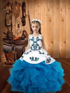  Embroidery and Ruffles Kids Pageant Dress Baby Blue Lace Up Sleeveless Floor Length