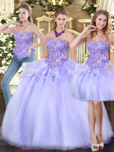 Classical Sleeveless Organza Floor Length Zipper 15th Birthday Dress in Lavender with Appliques and Ruffles