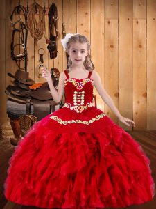  Red Straps Neckline Embroidery and Ruffles Party Dress Sleeveless Lace Up
