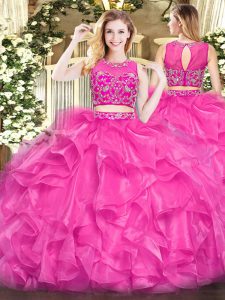  Hot Pink Quinceanera Gown Military Ball and Sweet 16 and Quinceanera with Beading and Ruffles Scoop Sleeveless Zipper