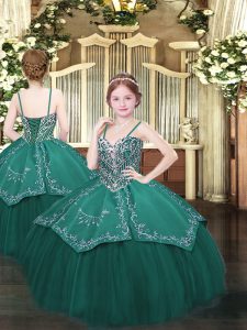  Ball Gowns Child Pageant Dress Dark Green Spaghetti Straps Satin and Organza Sleeveless Floor Length Lace Up
