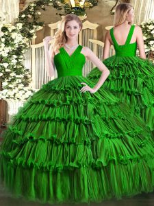 Eye-catching Floor Length Zipper 15th Birthday Dress Dark Green for Military Ball and Sweet 16 and Quinceanera with Ruffled Layers