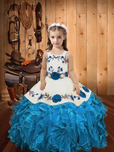  Ball Gowns Girls Pageant Dresses Baby Blue Straps Organza Sleeveless Floor Length Lace Up