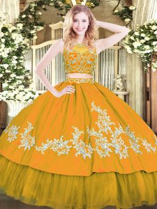 Modest Gold Tulle Zipper Quinceanera Dresses Sleeveless Floor Length Beading and Appliques