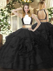Fitting Black Sleeveless Floor Length Ruffled Layers Zipper Quinceanera Dress