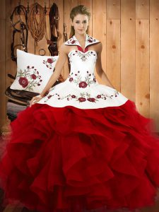  Halter Top Sleeveless Satin and Organza 15 Quinceanera Dress Embroidery and Ruffles Lace Up