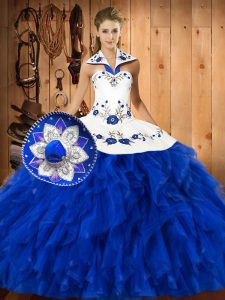 Great Satin and Organza Halter Top Sleeveless Lace Up Embroidery and Ruffles Quinceanera Gowns in Blue And White