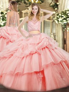  Floor Length Ball Gowns Sleeveless Pink Quinceanera Dress Zipper