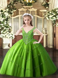  Tulle V-neck Sleeveless Lace Up Beading and Appliques Child Pageant Dress in Green