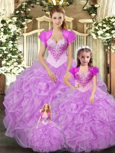 Best Sleeveless Tulle Floor Length Lace Up Vestidos de Quinceanera in Lilac with Beading and Ruffles