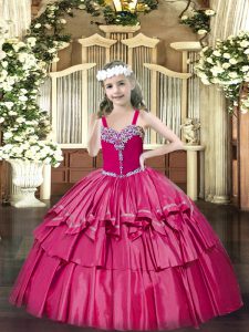  Straps Sleeveless Little Girl Pageant Dress Floor Length Beading and Ruffled Layers Hot Pink Organza