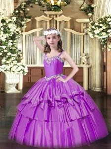 Attractive Lilac Girls Pageant Dresses Party and Quinceanera with Beading and Ruffled Layers Straps Sleeveless Lace Up