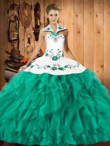  Floor Length Ball Gowns Sleeveless Turquoise Quince Ball Gowns Lace Up