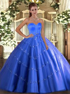Adorable Blue Sleeveless Floor Length Beading and Appliques Lace Up Sweet 16 Dress