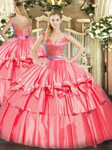  V-neck Sleeveless Zipper Quinceanera Gowns Hot Pink Tulle