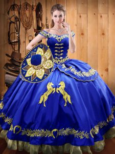  Satin and Organza Off The Shoulder Sleeveless Lace Up Beading and Embroidery Quinceanera Dresses in Royal Blue