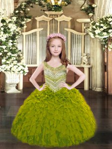  Floor Length Olive Green Kids Formal Wear Organza Sleeveless Beading and Ruffles