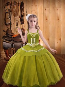  Floor Length Olive Green Little Girl Pageant Gowns Straps Sleeveless Lace Up