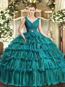  Floor Length Ball Gowns Sleeveless Teal Quinceanera Gowns Backless