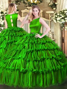 Ideal Ruffled Layers Ball Gown Prom Dress Green Clasp Handle Sleeveless Floor Length