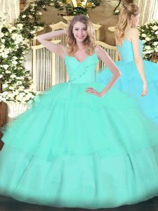 Hot Sale Floor Length Zipper Sweet 16 Quinceanera Dress Apple Green for Military Ball and Sweet 16 and Quinceanera with Ruffled Layers