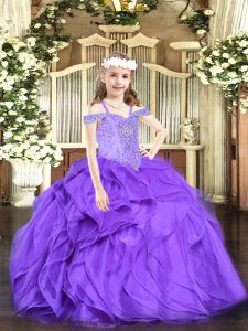  Floor Length Lavender Little Girls Pageant Dress Organza Sleeveless Beading and Ruffles
