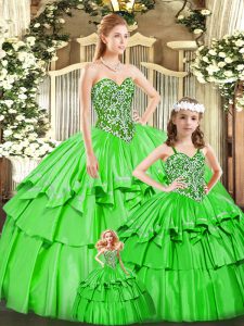 Artistic Green Lace Up 15th Birthday Dress Beading and Ruffled Layers Sleeveless Floor Length