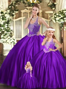  Purple Sleeveless Organza Lace Up Quinceanera Gowns for Military Ball and Sweet 16 and Quinceanera