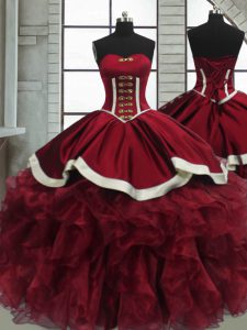  Red Sweetheart Neckline Beading and Ruffles Quinceanera Gowns Sleeveless Lace Up