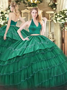  Dark Green Halter Top Neckline Embroidery and Ruffled Layers Ball Gown Prom Dress Sleeveless Zipper