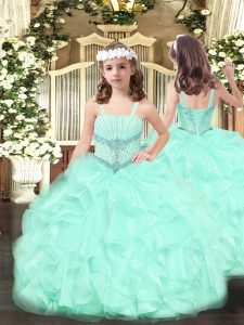  Floor Length Apple Green Child Pageant Dress Straps Sleeveless Lace Up