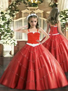  Tulle Straps Sleeveless Lace Up Appliques Juniors Party Dress in Red