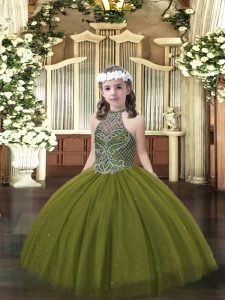 Custom Designed Floor Length Lace Up Child Pageant Dress Olive Green for Party and Quinceanera with Beading